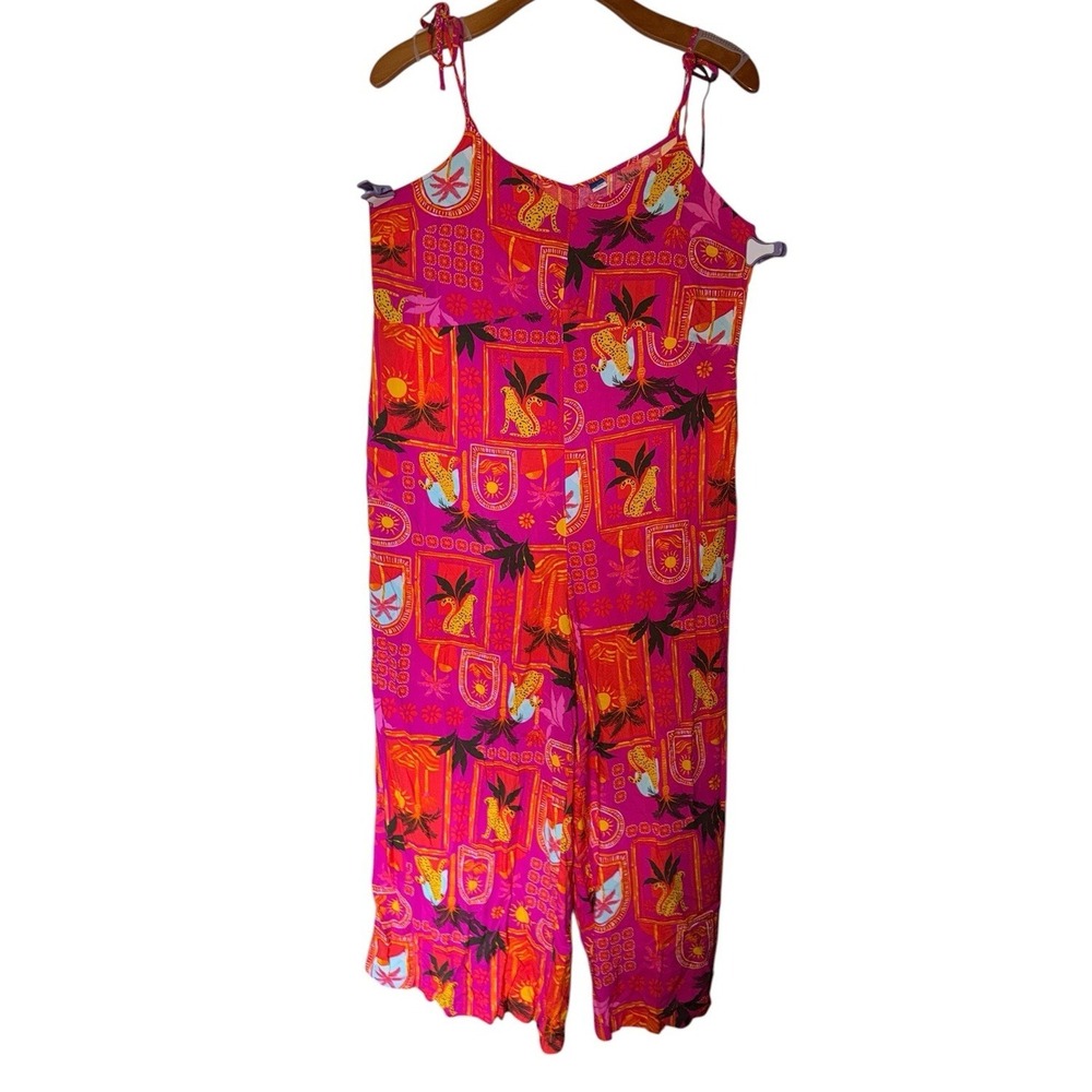 Old Navy Wide Leg Long Jumper Romper Adjustable Straps Pink & Orange Print Large